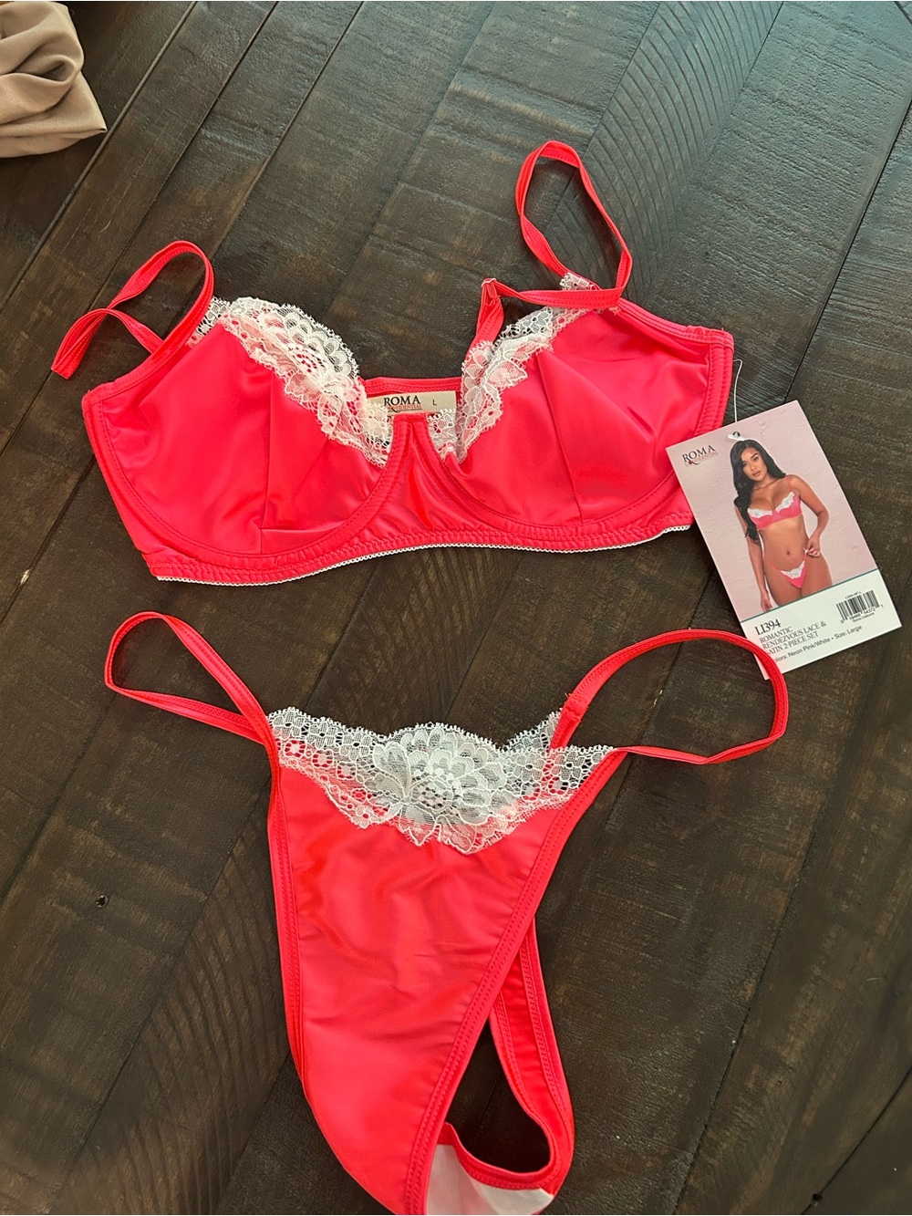 Roma Red Satin Bra & Panty Set with White Lace Trim